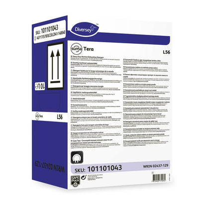 A white-purple box with the label "Diversey Suma Tera L56, Highly Concentrated Dishwashing Detergent for Hard Water" from Diversey Deutschland GmbH & Co. OHG with product details, safety information, barcodes, arrows, SKU 101101043 and WRIN 02437-129.