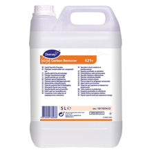 Diversey Suma Carbon Remover K21+, liquid descaler in a 5-liter canister with handle and screw cap, white label with orange accents and multilingual instructions. Effectively removes stubborn dirt.