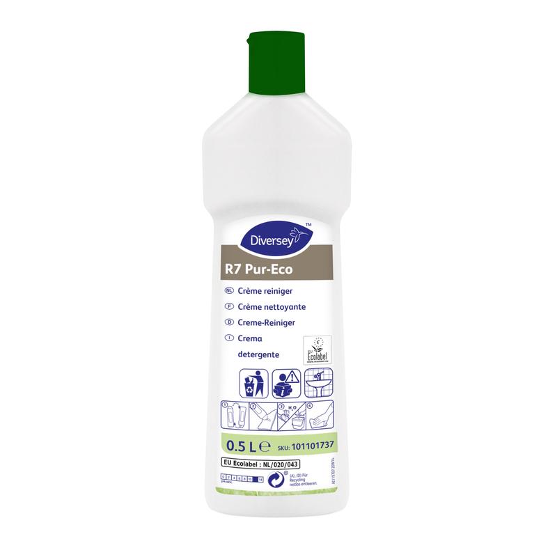 A white 500 ml bottle of Diversey R7 Pur-Eco Cream Cleaner from Diversey Deutschland GmbH & Co. OHG with a green cap, multilingual labeling, and environmentally friendly for hard, water-resistant surfaces.