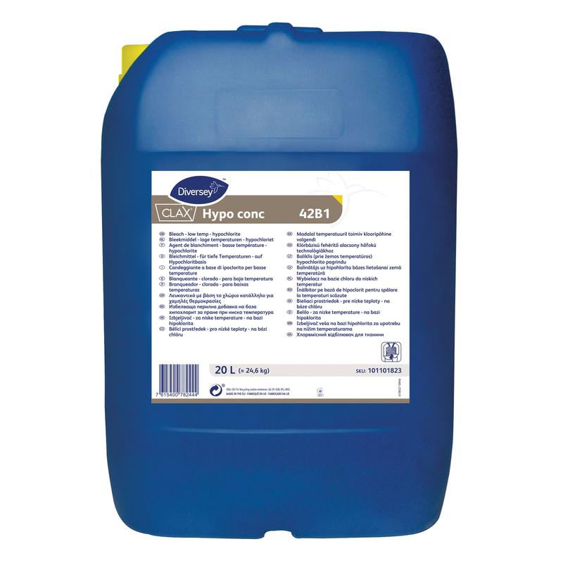 A blue 20-liter canister of Clax Hypo conc 42B1 from Diversey Germany, a liquid bleach based on sodium hypochlorite, with a large white, multilingual label and a yellow cap. Ideal for commercial laundries.