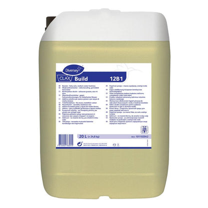A 20-liter plastic container with Clax Build 12B1, an alkaline detergent booster with complexing properties from Diversey Deutschland GmbH & Co. OHG, featuring a blue-white label with multilingual product information.