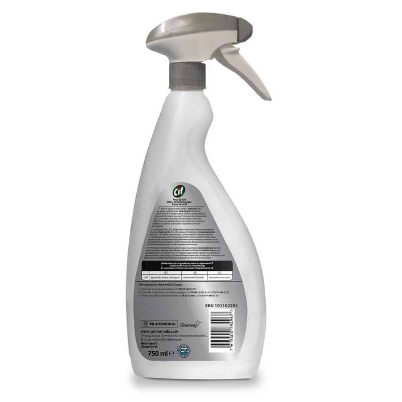 A spray bottle from Diversey Deutschland GmbH & Co. OHG in white with a gray nozzle and various texts and a logo on the label is ideal as part of the Cif Professional range for cleaning grills and ovens. This 750 ml bottle offers effective grease removal solutions, with the SKU number clearly visible on the bottom.