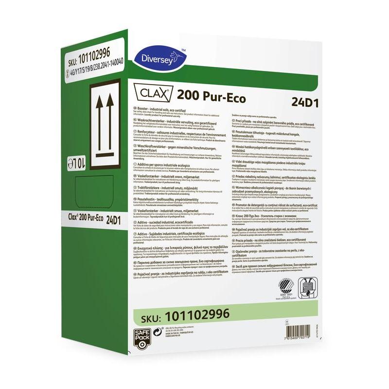 A green-white rectangular box labeled “Clax 200 PE 24D1, Ecological Concentrated Washing Power Enhancer” from Diversey Deutschland GmbH & Co. OHG, with text, symbols, a barcode, and the item number 101102996. Designed for industrial use.
