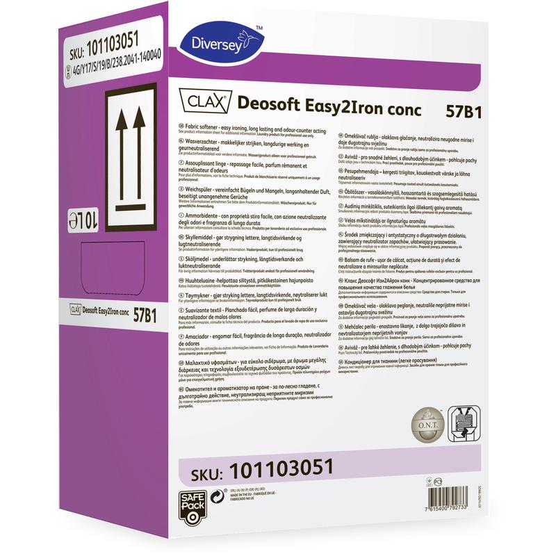 A white and purple rectangular box with the inscription “Clax Deosoft Easy2Iron Conc 57B1” from Diversey Deutschland GmbH & Co. OHG, SKU 101103051, contains multilingual details and symbols. Ideal fabric softener with ironing-friendly properties for professionals.