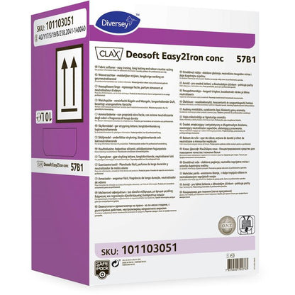 A white and purple rectangular box with the inscription “Clax Deosoft Easy2Iron Conc 57B1” from Diversey Deutschland GmbH & Co. OHG, SKU 101103051, contains multilingual details and symbols. Ideal fabric softener with ironing-friendly properties for professionals.