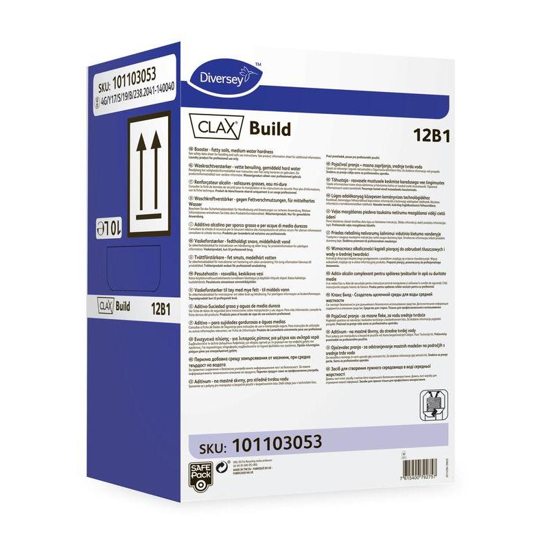 A mostly white rectangular box with blue and violet accents labeled "Clax Build 12B1, Alkaline Detergent Booster with Complexing Properties" from Diversey Deutschland GmbH & Co. OHG contains product information, instructions, SKU 101103053, and a barcode.