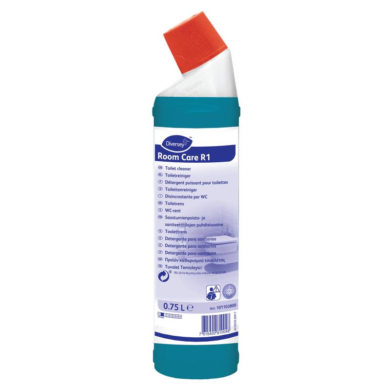 White plastic bottle with red angled cap and blue label with the inscription "Room Care R1 Toilet and Urinal Cleaner, based on citric acid" from Diversey Deutschland GmbH & Co. OHG, 750 ml, label in multiple languages.