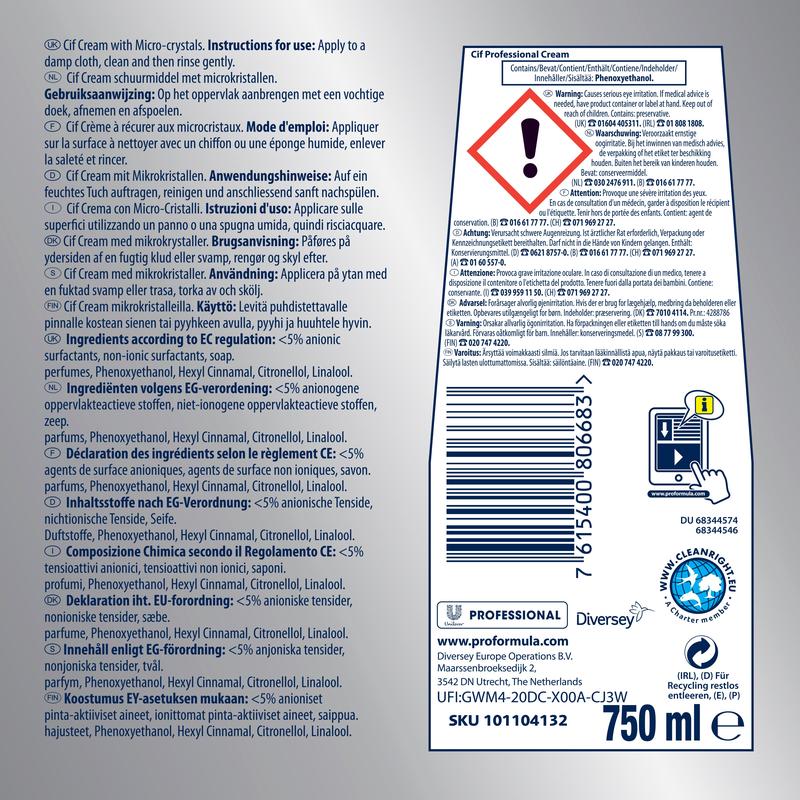 Label for Professional Scouring Cream from Diversey Deutschland GmbH & Co. OHG with multilingual instructions, ingredients, barcode, recycling symbols, logos, active bleach formula, and 750 ml volume on a white-blue background.