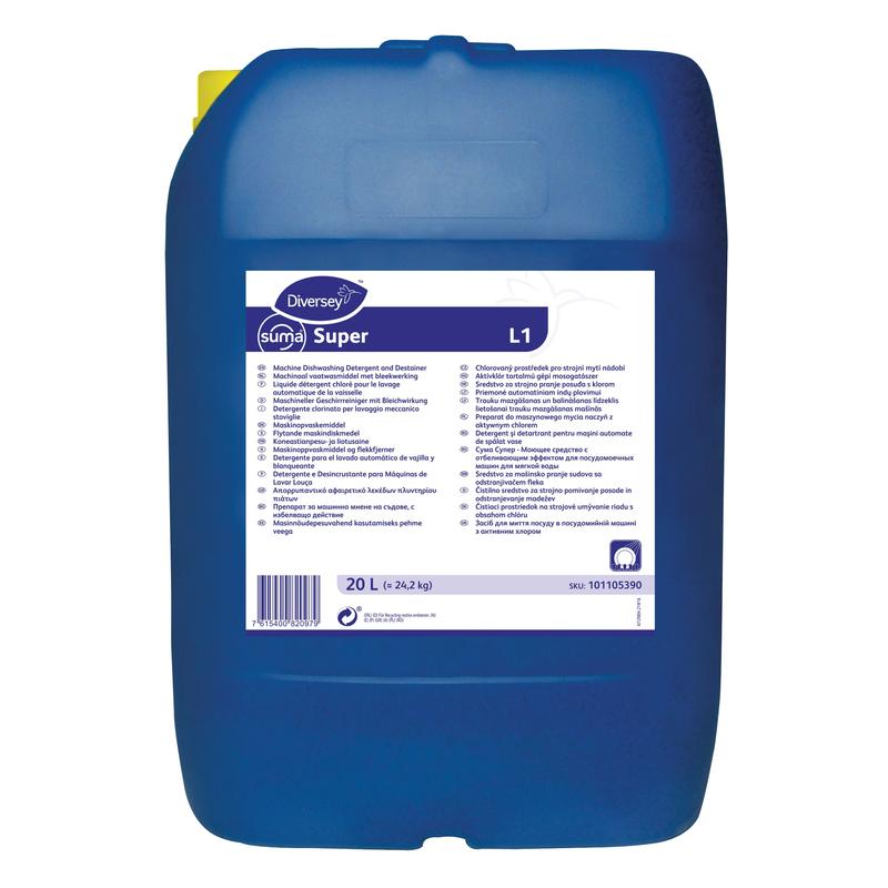 A large blue 20-liter plastic canister of Suma Super L1 dishwashing detergent with bleach for soft water from Diversey Germany carries a white label with product details and instructions in multiple languages.