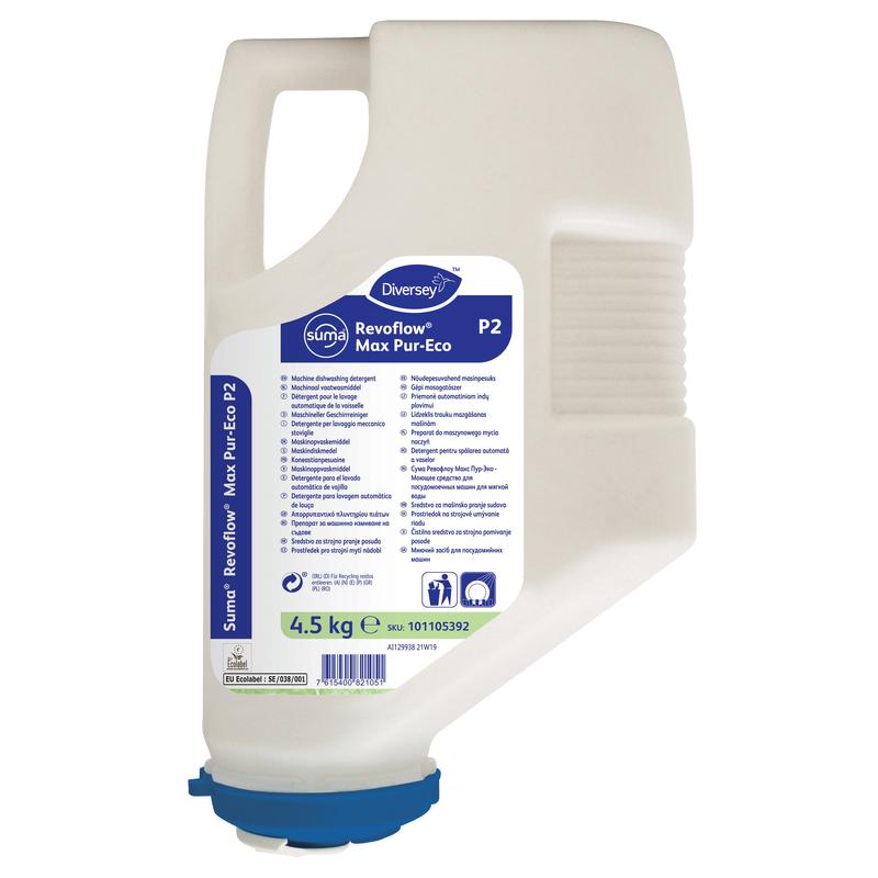 A 4.5 kg cartridge of Suma Revoflow Max P-Eco P2 from Diversey Deutschland GmbH & Co. OHG, an environmentally friendly, chlorine-free cleaner for soft to moderately hard water; made of white plastic with a blue label and lid, plus handle.