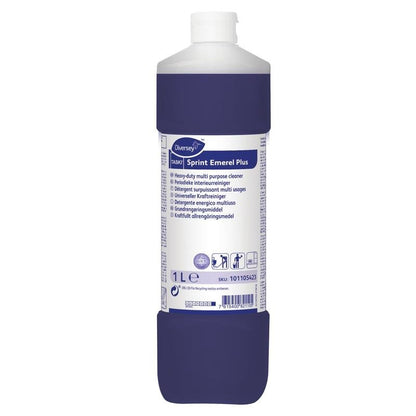 A 1-liter bottle of TASKI Sprint Emerel Plus, a universal solvent-based heavy-duty cleaner from Diversey Deutschland GmbH & Co. OHG, with a white cap and a blue label with multilingual product information and instructions.