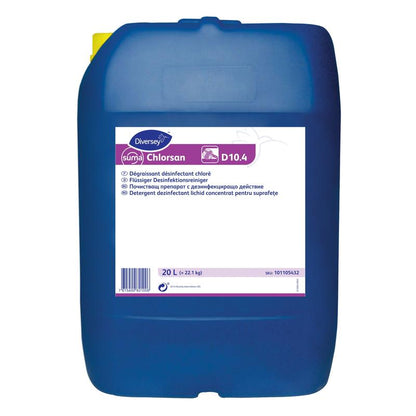 A large blue 20-liter container labeled "Diversey Suma Chlorsan D10.4, disinfectant cleaner with active chlorine" from Diversey Deutschland GmbH & Co. OHG; with a multilingual label and product details.