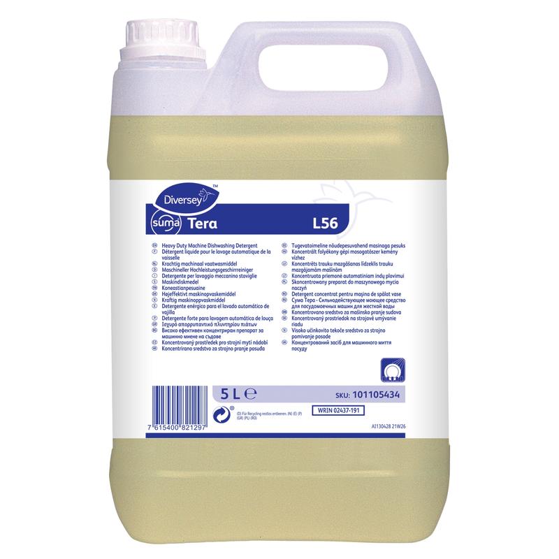 A 5-liter plastic container of Diversey Suma Tera L56, highly concentrated dishwashing detergent for hard water from Diversey Deutschland GmbH & Co. OHG, with a white-blue label featuring multilingual product information and instructions.