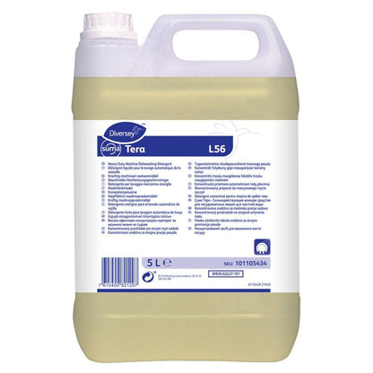 A 5-liter plastic container of Diversey Suma Tera L56, highly concentrated dishwashing detergent for hard water from Diversey Deutschland GmbH & Co. OHG, with a white-blue label featuring multilingual product information and instructions.