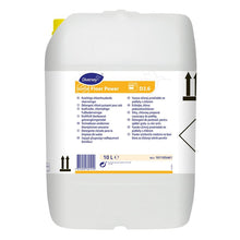 A 10-liter canister of Suma Floor Power D3.6, a chlor-alkaline floor cleaner from Diversey Deutschland GmbH & Co. OHG, with a yellow lid and a multilingual label with instructions and black symbols.