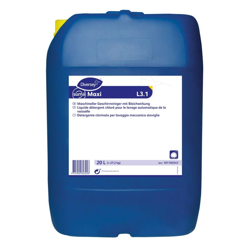 A blue 20-liter plastic container labeled "Suma Maxi L3.1" from Diversey Deutschland GmbH & Co. OHG, a highly effective cleaning and chlorine-containing dishwashing detergent for machines, with multilingual product information on a white label.