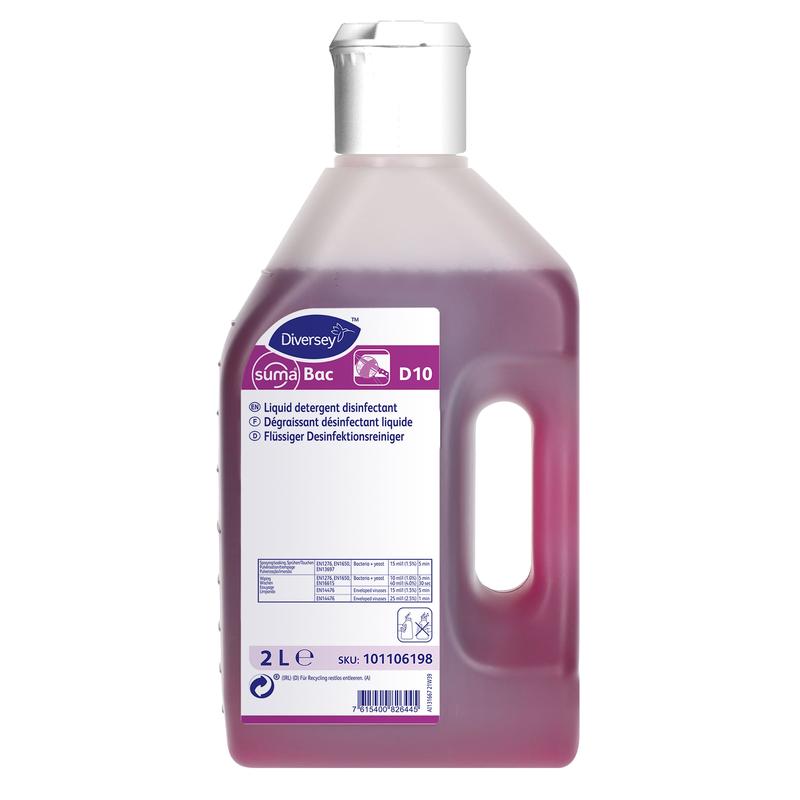 A 2-liter bottle of Suma Bac D10 disinfectant cleaner from Diversey Deutschland GmbH & Co. OHG with a violet-red liquid, a white cap, and a white-violet label with product details.