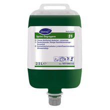 A 2.5L bag of Diversey Sprint Degragerm QS, disinfectant cleaner and deodorizer for floors from Diversey Deutschland GmbH & Co. OHG, with green/white label and multilingual info.