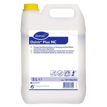 A 5-liter canister of DI Oxivir Plus NC from Diversey Deutschland GmbH & Co. OHG: concentrated, liquid disinfectant cleaner for the food processing area, in a white plastic container with a yellow lid, product branding, and application instructions.