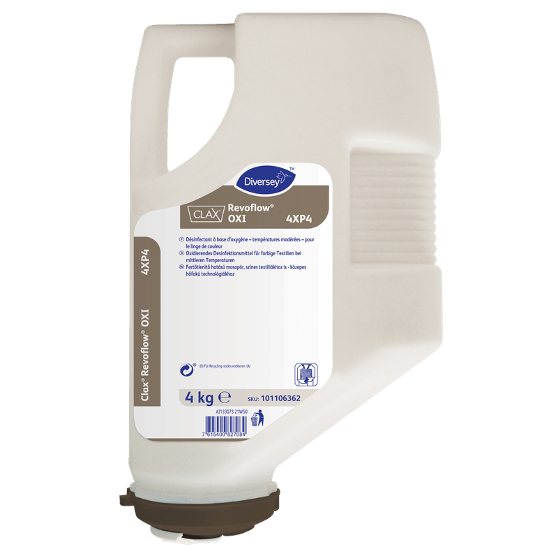 A beige 4 kg plastic container of Clax Revoflow OXI 4XP4* bleach and disinfectant in powder form from Diversey Deutschland GmbH & Co. OHG - effective even at low temperatures, RKI-listed at 60°C, ideal for professional laundries.
