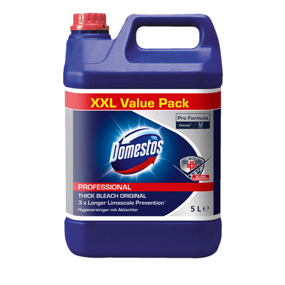 The DOMESTOS Professional 5L canister hygiene cleaner with active chlorine from Diversey Deutschland GmbH & Co. OHG is an XXL advantage pack with a blue body, red cap, and front label for powerful deep cleaning.