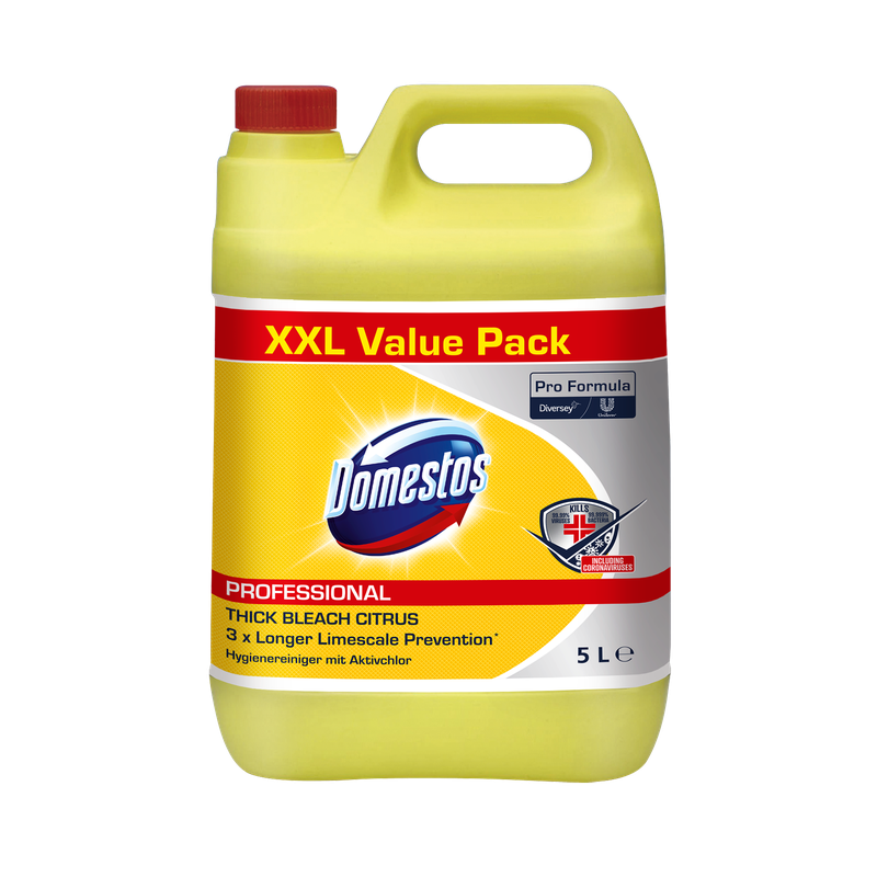 A 5-liter canister made of yellow plastic with the inscription "DOMESTOS Professional 5L canister, hygiene cleaner with active chlorine" from Diversey Deutschland GmbH & Co. OHG, with a red lid and product branding on the front.