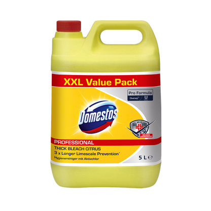 A 5-liter canister made of yellow plastic with the inscription "DOMESTOS Professional 5L canister, hygiene cleaner with active chlorine" from Diversey Deutschland GmbH & Co. OHG, with a red lid and product branding on the front.