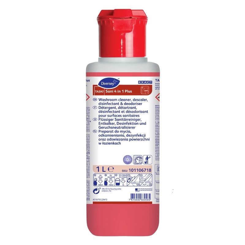 A 1-liter bottle of TASKI Sani 4 in 1 Plus from Diversey Deutschland GmbH & Co. OHG with a red cap and multilingual label serves as a cleaner, descaler, disinfectant, and odor remover for washroom surfaces.