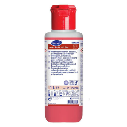 A 1-liter bottle of TASKI Sani 4 in 1 Plus from Diversey Deutschland GmbH & Co. OHG with a red cap and multilingual label serves as a cleaner, descaler, disinfectant, and odor remover for washroom surfaces.