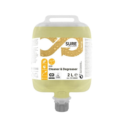 A 2-liter SURE Cleaner & Degreaser degreaser from Diversey Deutschland GmbH & Co. OHG, for water-resistant surfaces, features a top handle, a bottom dispensing nozzle, an information label with symbols, and a yellow liquid visible in the transparent container.
