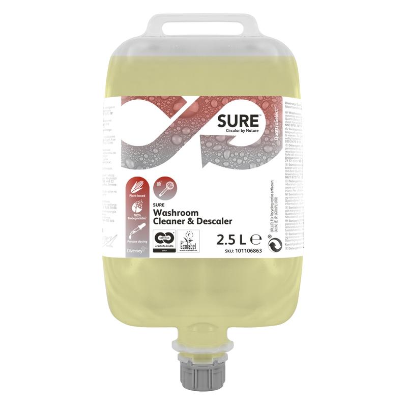 A 2.5-liter SURE sanitary cleaner and descaler from Diversey Deutschland GmbH & Co. OHG, yellow liquid with natural ingredients, is delivered with a nozzle and a white label with product details and the SURE logo.