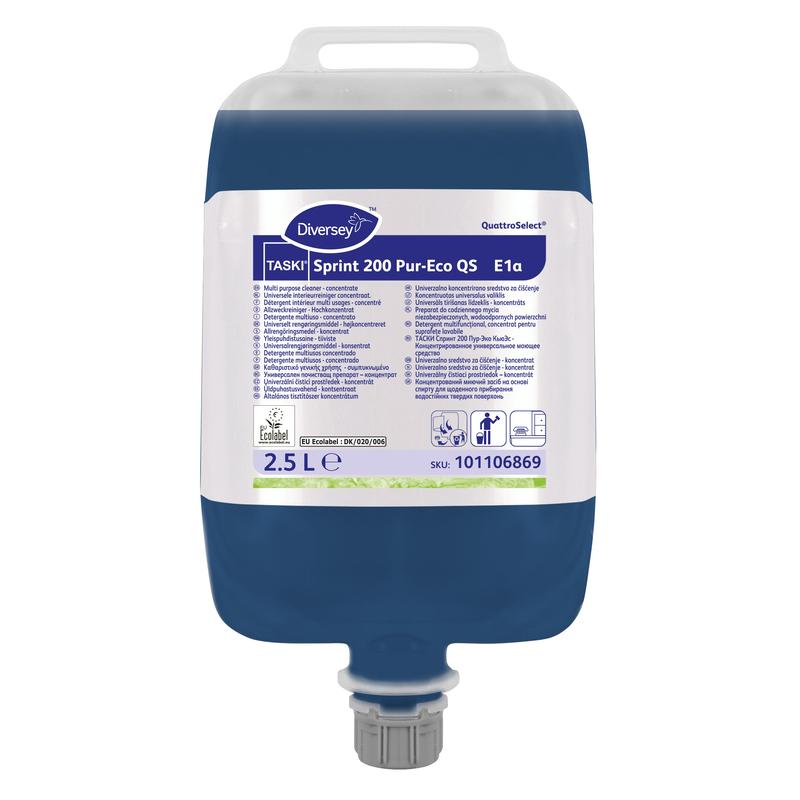 A 2.5-liter container of Diversey TASKI Sprint 200 Pur-Eco, a neutral, streak-free surface cleaner with EU Ecolabel from Diversey Deutschland GmbH & Co. OHG; blue liquid, multilingual label, gray dosing cap at the bottom.