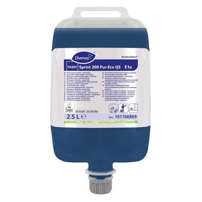 A 2.5-liter container of Diversey TASKI Sprint 200 Pur-Eco, a neutral, streak-free surface cleaner with EU Ecolabel from Diversey Deutschland GmbH & Co. OHG; blue liquid, multilingual label, gray dosing cap at the bottom.