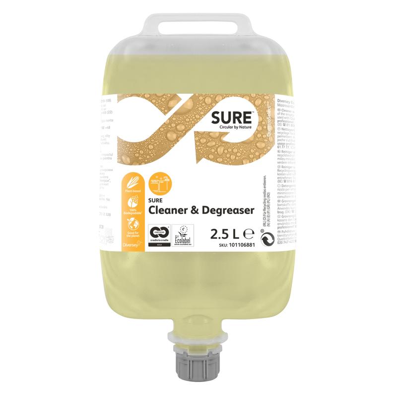 A 2.5-liter container of SURE Cleaner & Degreaser, degreaser for water-resistant surfaces from Diversey Deutschland GmbH & Co. OHG, with yellow liquid, product information and certifications on the label, top handle, and bottom spout.