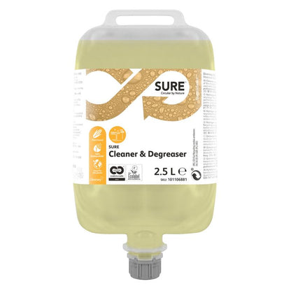 A 2.5-liter container of SURE Cleaner & Degreaser, degreaser for water-resistant surfaces from Diversey Deutschland GmbH & Co. OHG, with yellow liquid, product information and certifications on the label, top handle, and bottom spout.