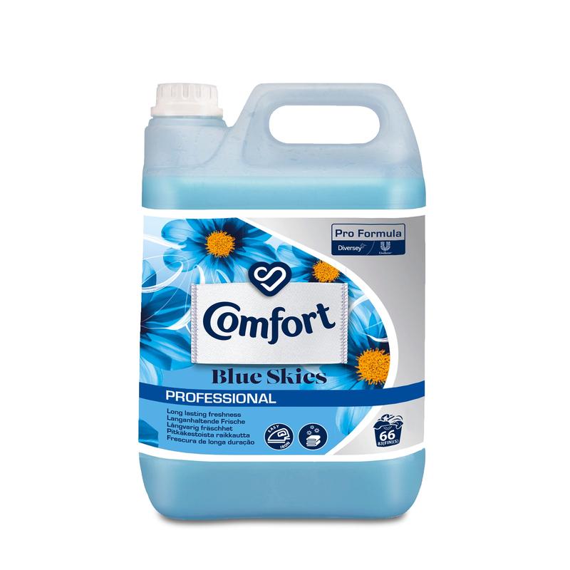 A 5L canister with a discontinued item: Comfort Professional Blue Skies Fabric Softener from Diversey Deutschland GmbH & Co. OHG, blue flower label, white screw cap; high-quality fabric softener with long-lasting freshness for 66 washes.