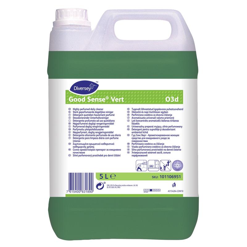 A 5-liter plastic container from Diversey Deutschland GmbH & Co. OHG Good Sense Vert, highly perfumed all-purpose cleaner with O.N.T. technology, with a green solution and a white multilingual front label.