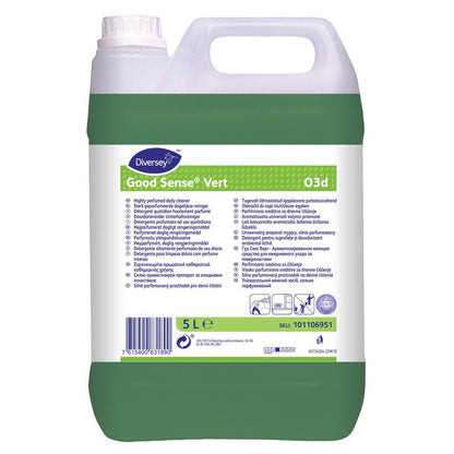 A 5-liter plastic container from Diversey Deutschland GmbH & Co. OHG Good Sense Vert, highly perfumed all-purpose cleaner with O.N.T. technology, with a green solution and a white multilingual front label.