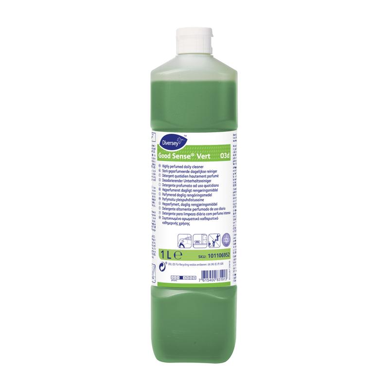 A transparent 1-liter plastic bottle with green liquid and the inscription "Good Sense Vert, Highly Perfumed All-Purpose Cleaner with O.N.T. Technology" from Diversey Deutschland GmbH & Co. OHG; the label contains information on use, safety, and recycling.