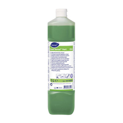 A transparent 1-liter plastic bottle with green liquid and the inscription "Good Sense Vert, Highly Perfumed All-Purpose Cleaner with O.N.T. Technology" from Diversey Deutschland GmbH & Co. OHG; the label contains information on use, safety, and recycling.