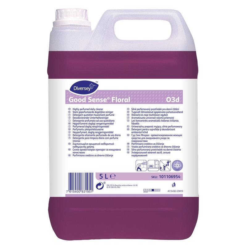 A 5-liter canister of Good Sense Floral from Diversey Deutschland GmbH & Co. OHG, a strongly perfumed all-purpose cleaner with O.N.T. technology, is a 5-liter canister from Diversey Deutschland GmbH OHG with product information and instructions for use on a white-purple label.