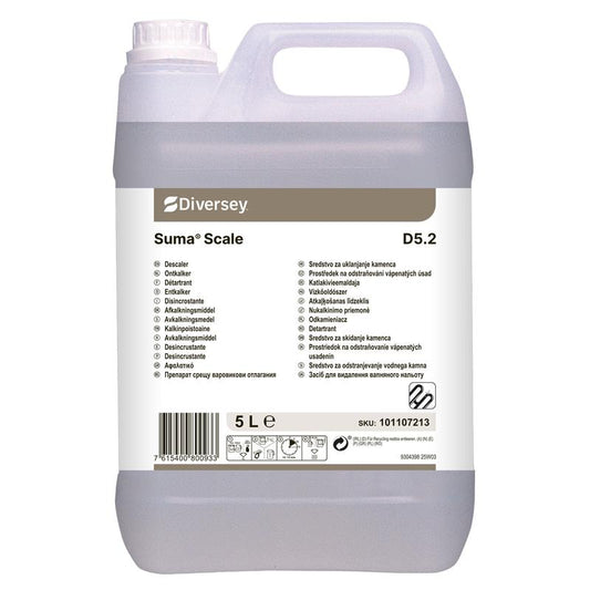 Ein 5-l-Kanister Suma Scale D5.2 Kalklöser von Diversey Deutschland GmbH & Co. OHG, für den periodischen Einsatz, mit einem mehrsprachigen Etikett mit Produktinformation, Anleitung, Barcode und SKU-Nummer.