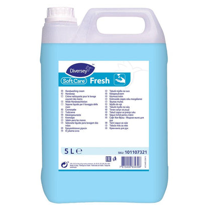 A 5-liter container of Diversey Soft Care Fresh Mild Handwash Lotion from Diversey Deutschland GmbH & Co. OHG features a white cap, blue liquid, gentle cleaning, pleasant fragrance, and multilingual product information on the front label.