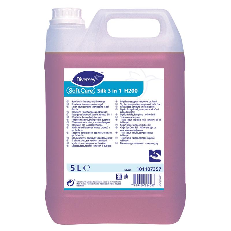 A 5-liter canister of Diversey Deutschland GmbH & Co. OHG Soft Care Silk 3in1 mild soap lotion for hands, body, and hair, with a blue-white label with product information, barcode, and batch number.