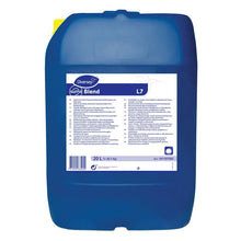 A large blue 20-liter container of Diversey Suma Blend L7 for soft water, aluminum-safe dishwashing detergent, features a top handle and a white front label with instructions and product information.