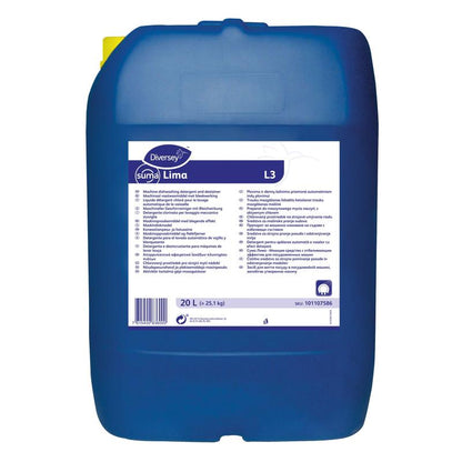A large blue 20-liter plastic container Diversey Suma Lima L3 dishwashing detergent with bleach (Diversey Deutschland GmbH & Co. OHG) with white multilingual label and yellow lid, suitable for medium to hard water.