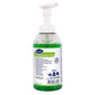 A 475 ml clear pump bottle of Suma Quick Foam D1.6 hand dishwashing detergent from Diversey Deutschland GmbH & Co. OHG contains concentrated green foam soap, which is equipped with a white-blue label with symbols and product information.