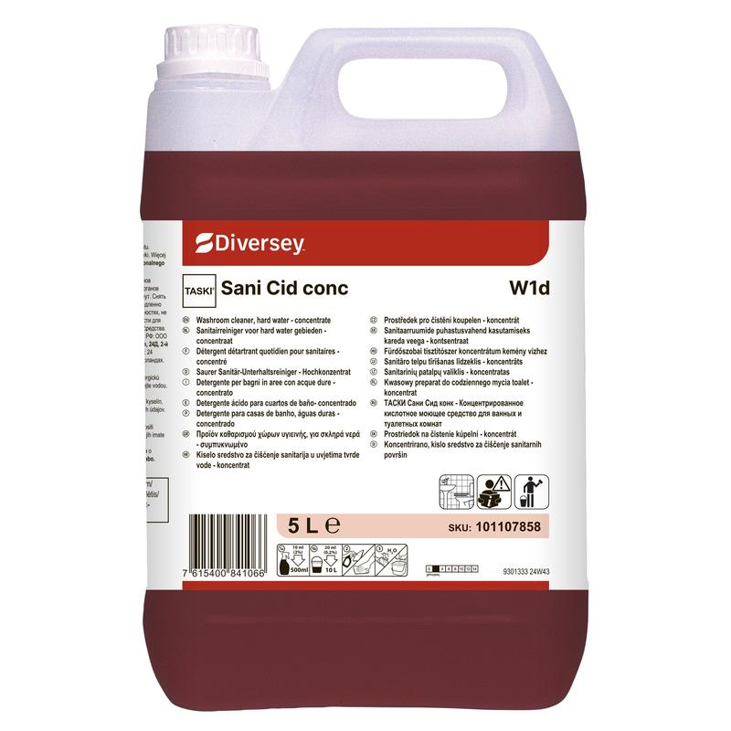 A 5-liter canister of Diversey TASKI Sani Cid conc sanitary cleaner (high concentrate based on citric acid) from Diversey Deutschland GmbH & Co. OHG; red liquid, detailed label, ideal for removing lime deposits.