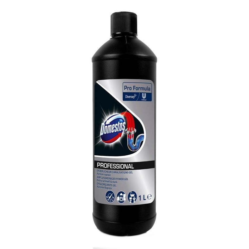 A black 1-liter bottle of DOMESTOS Professional Drain Cleaner Power Gel from Diversey Deutschland GmbH & Co. OHG with a blue-silver label - ideal as a powerful drain cleaner (unclogging) for the effective removal of blockages.