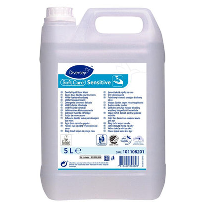 A 5-liter plastic container with Soft Care Sensitive liquid hand soap from Diversey Deutschland GmbH & Co. OHG, specifically for sensitive skin, with a white cap and multilingual label. Perfect for gentle cleaning and daily use.